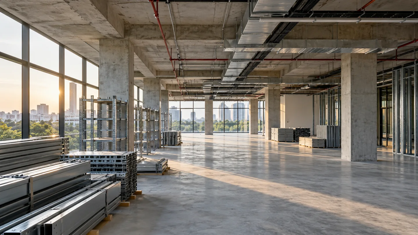 Illustration of an empty commercial interior with organized recovered metal components
