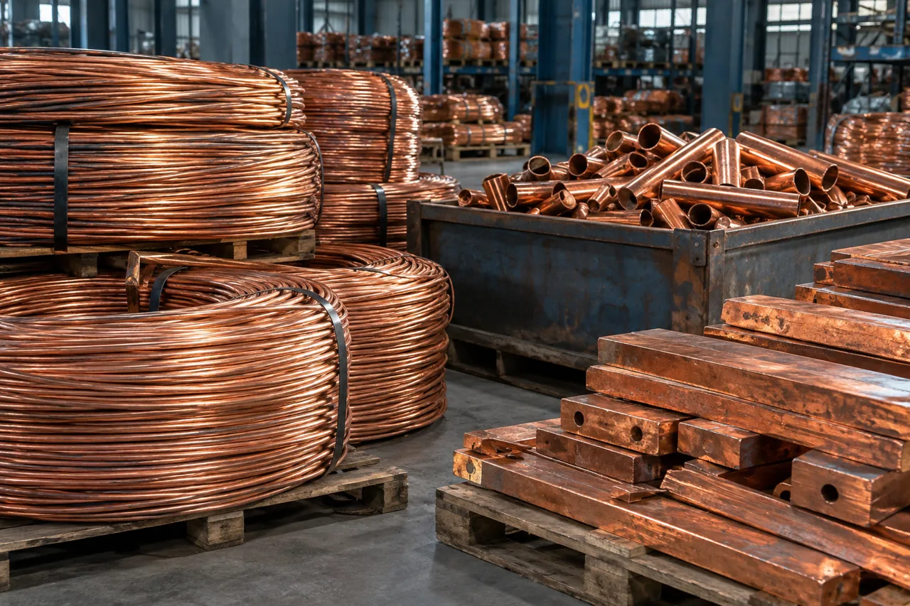 Illustrative bulk inventory of copper wire, copper tubing and busbar offcuts in a commercial warehouse